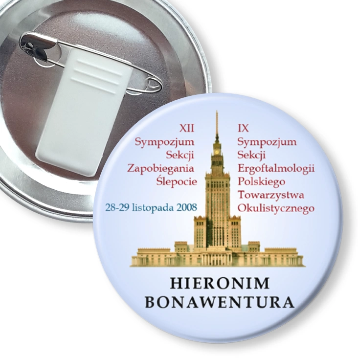 przypinka z żabką i agrafką Sympozujm Zapobiegania Ślepocie