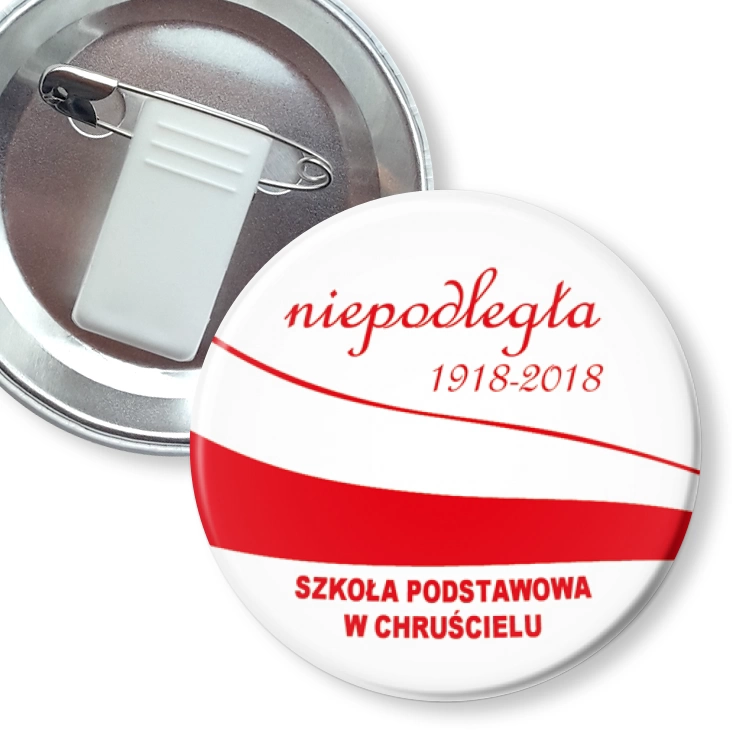 przypinka z żabką i agrafką Szkoła Podstawowa w Chruścielu