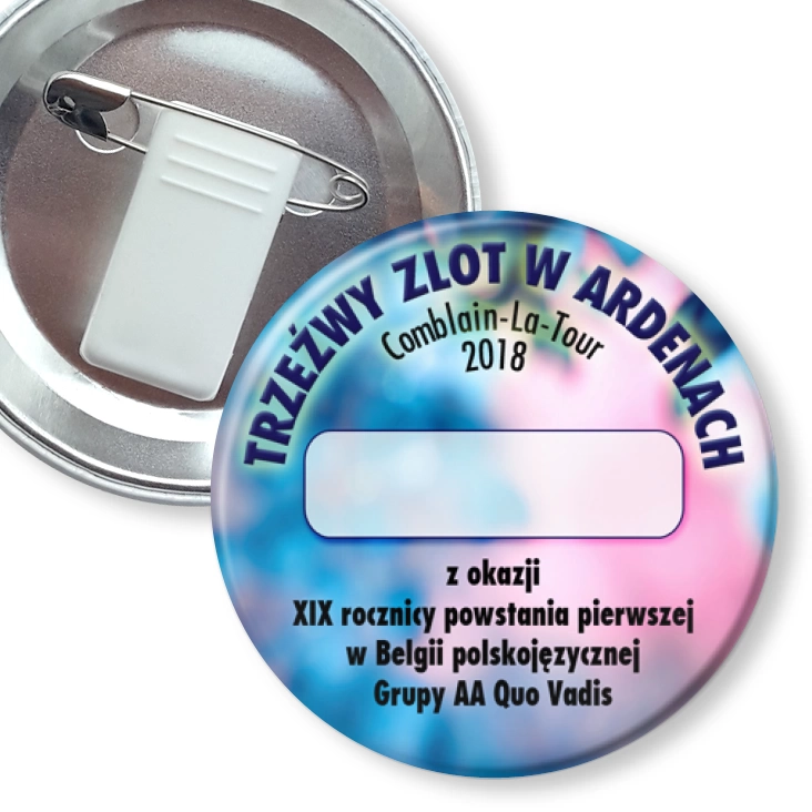 przypinka z żabką i agrafką Trzeźwy Zlot w Ardenach 2018
