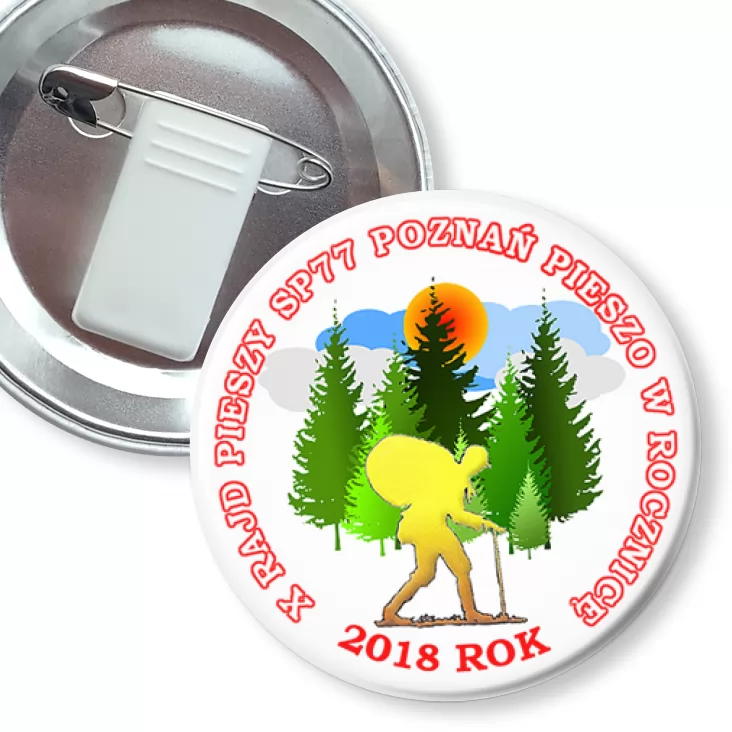 przypinka z żabką i agrafką X Rajd Pieszy SP 77 Poznań - 2018
