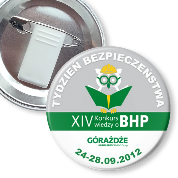 przypinka z żabką i agrafką XIV Konkurs Wiedzy o BHP