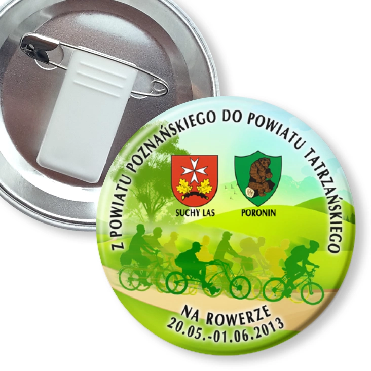 przypinka z żabką i agrafką Z powiatu poznańskiego do powiatu tatrzańskiego na rowerze