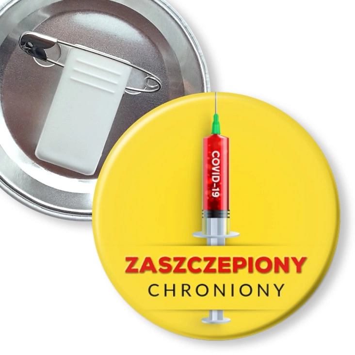 przypinka z żabką i agrafką Zaszczepiony chroniony