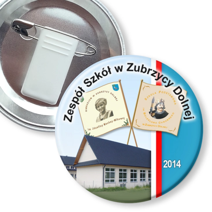 przypinka z żabką i agrafką Zespół Szkół w Zubrzycy Dolnej