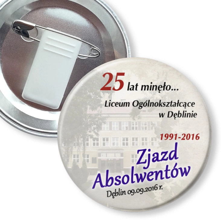 przypinka z żabką i agrafką Zjazd Absolwentów LO Dęblin 2016