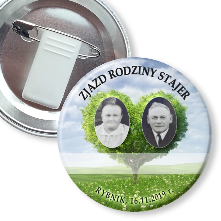 przypinka z żabką i agrafką Zjazd rodziny Stajer