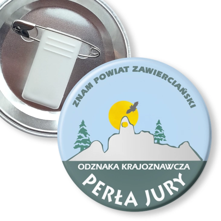 przypinka z żabką i agrafką Znam Powiat Zawierciański