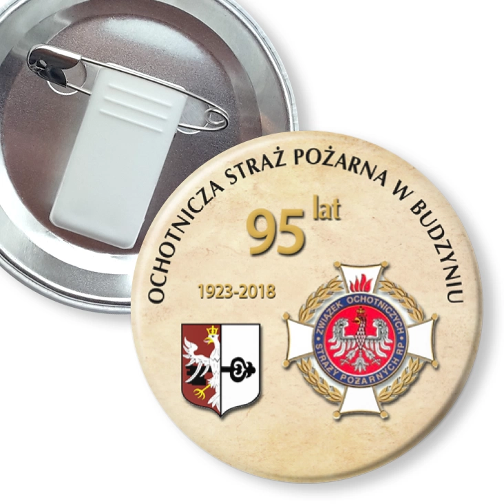 przypinka z żabką i agrafką 95-lecie OSP Budzyń Budzyń