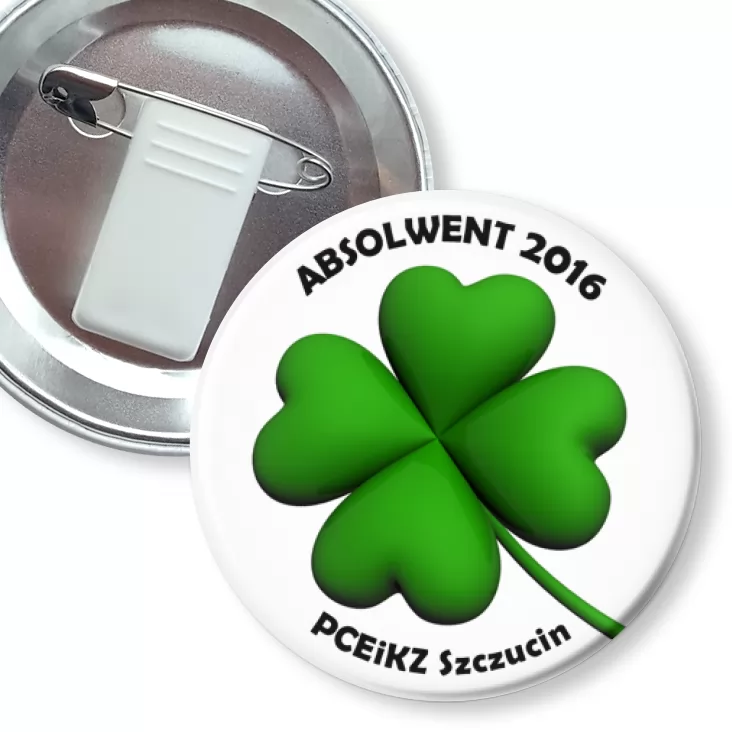 przypinka z żabką i agrafką Absolwent 2016 PCEiKZ Szczucin