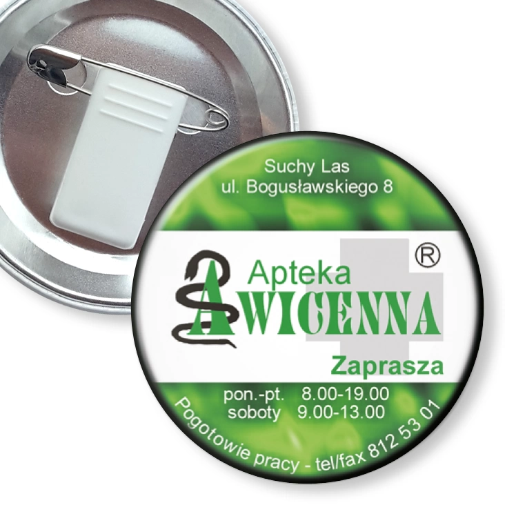 przypinka z żabką i agrafką Apteka Awicenna
