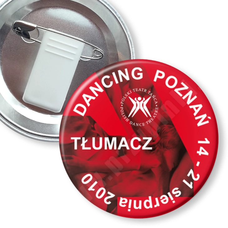 przypinka z żabką i agrafką Dancing Poznań 2010 - tłumacz