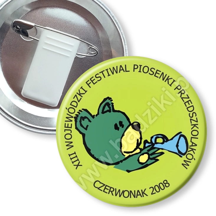przypinka z żabką i agrafką Festiwal Piosenki Przedszkolaków