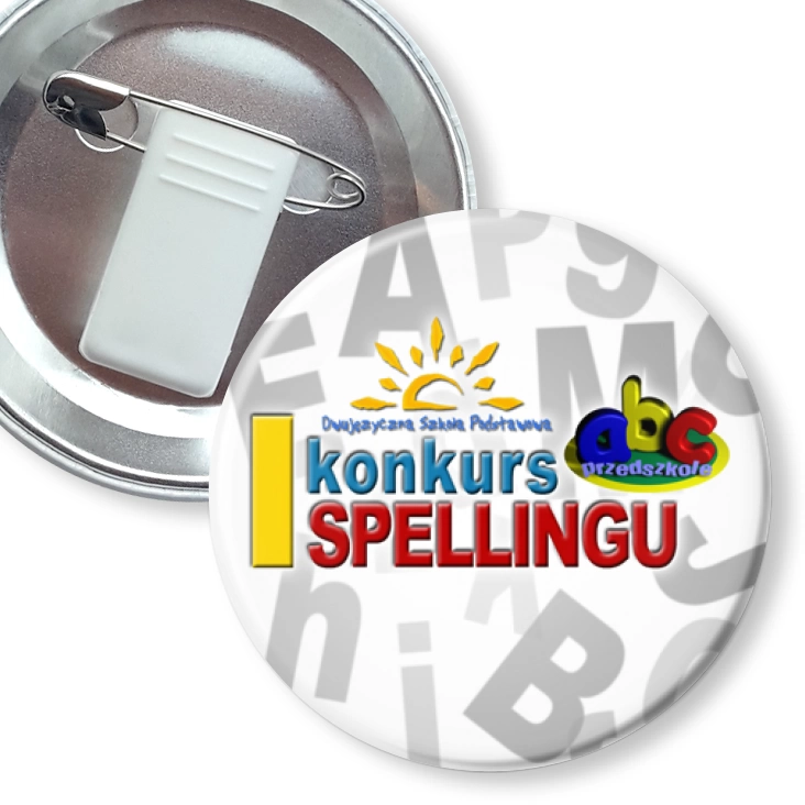 przypinka z żabką i agrafką I konkurs spellingu