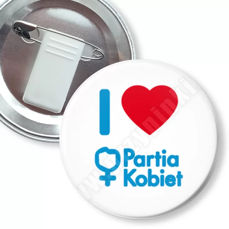 przypinka z żabką i agrafką I love Partia Kobiet