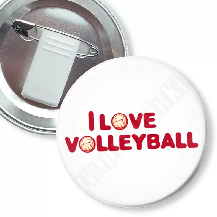 przypinka z żabką i agrafką I love volleyball