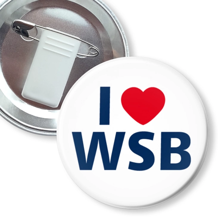 przypinka z żabką i agrafką I love WSB