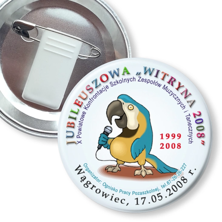 przypinka z żabką i agrafką Jubileuszowa Witryna 2008
