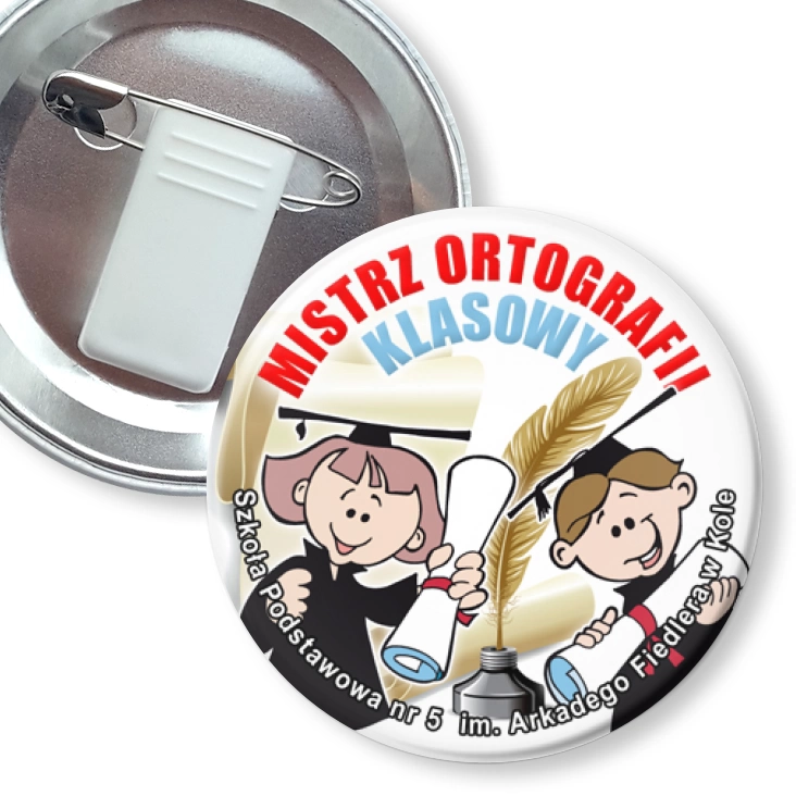 przypinka z żabką i agrafką Klasowy Mistrz Ortografii
