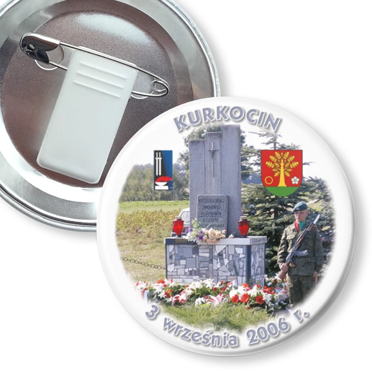 przypinka z żabką i agrafką Kurkocin pomnik