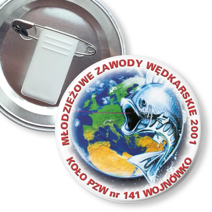 przypinka z żabką i agrafką Młodzieżowe Zawody Wędkarskie 2001