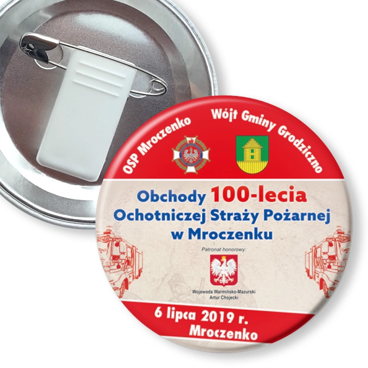 przypinka z żabką i agrafką Obchody 100-lecia OSP w Mroczenku