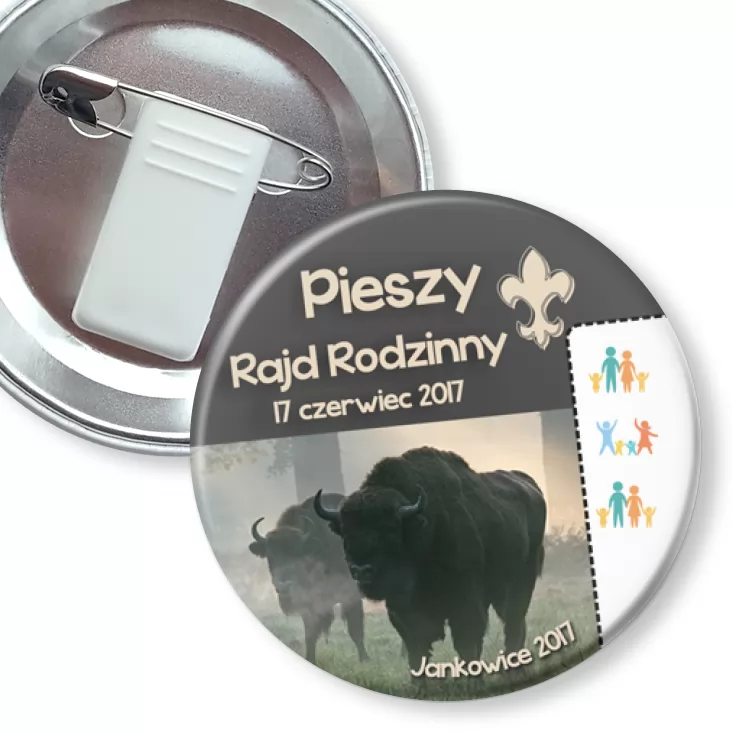 przypinka z żabką i agrafką Pieszy Rajd Rodzinny