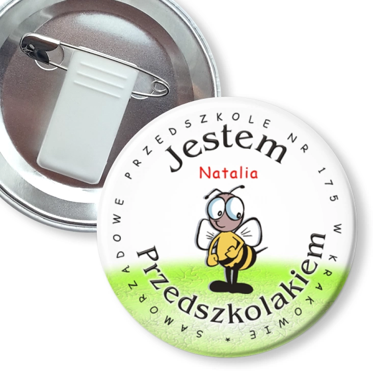 przypinka z żabką i agrafką Przedszkole nr 175 w Krakowie