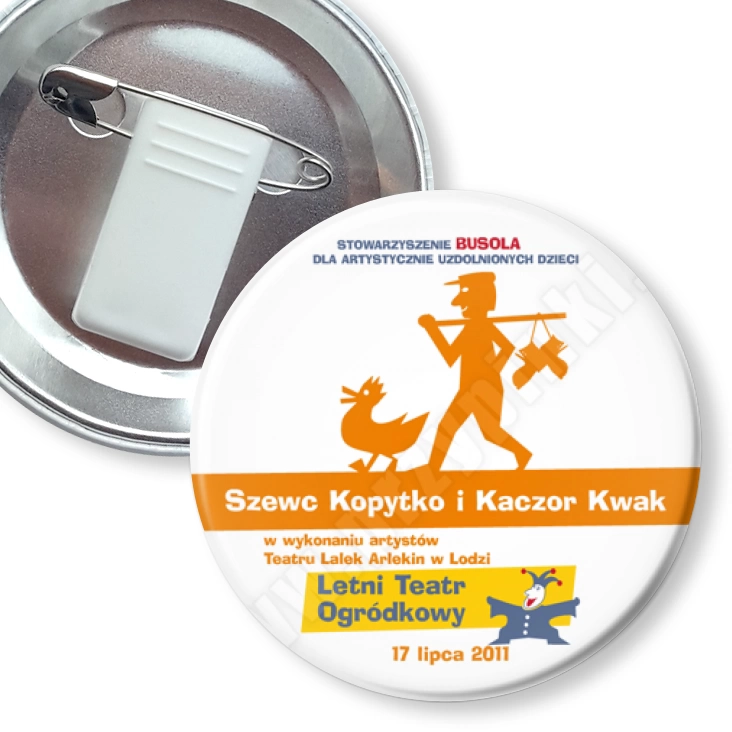 przypinka z żabką i agrafką Szewc Kopytko i Kaczor Kwak
