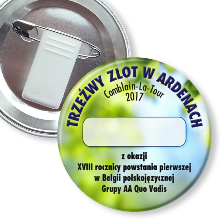 przypinka z żabką i agrafką Trzeźwy Zlot w Ardenach