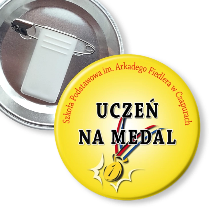 przypinka z żabką i agrafką Uczeń na medal