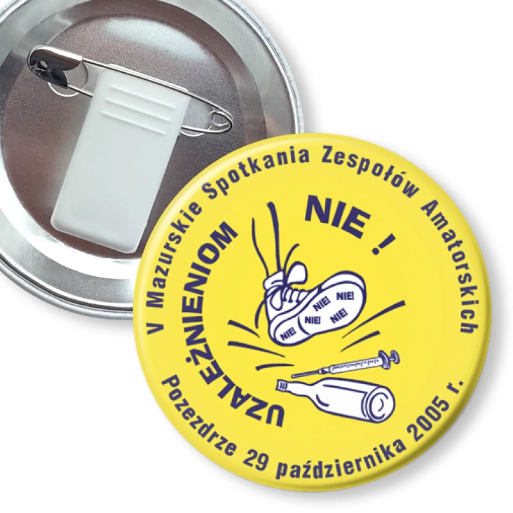 przypinka z żabką i agrafką Uzależnieniom NIE!