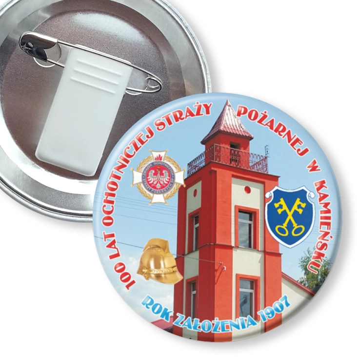 przypinka z żabką i agrafką 100 Lat Ochotniczej Straży Pożarnej w Kamieńsku