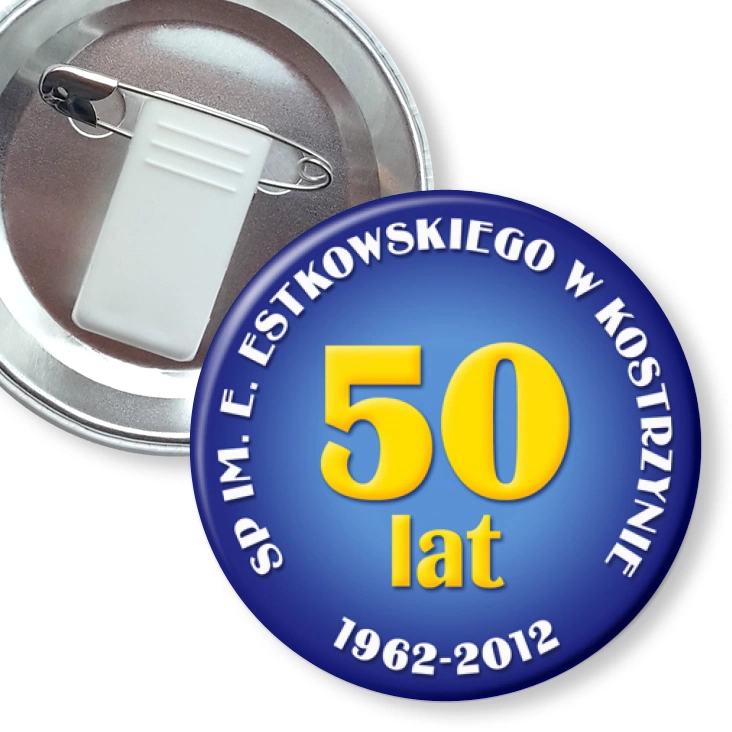 przypinka z żabką i agrafką 50 lat SP w Kostrzynie