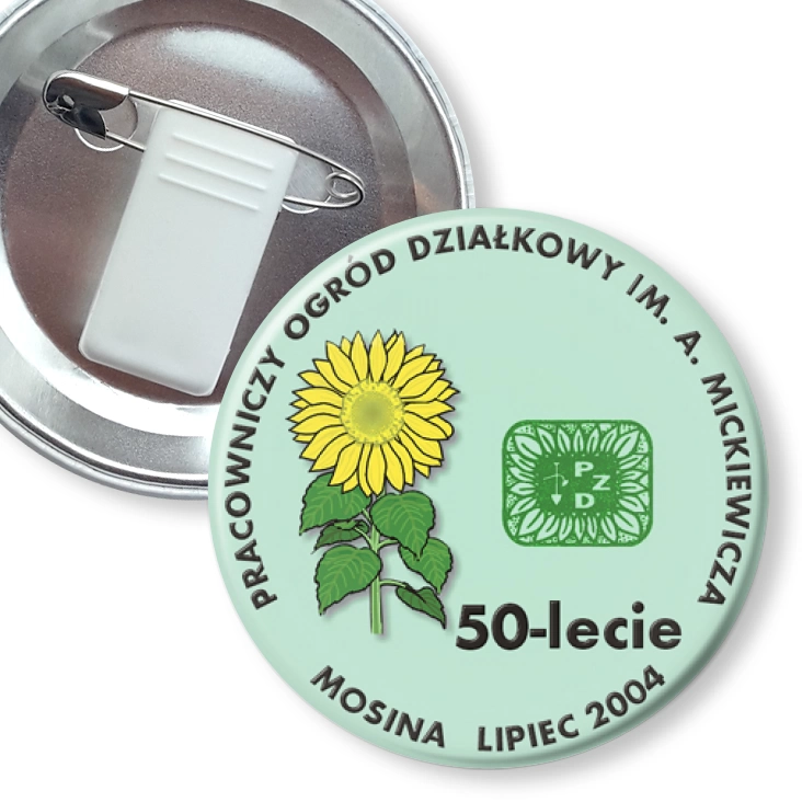 przypinka z żabką i agrafką 50-lecie Pracowniczego Ogrodu Działkowego