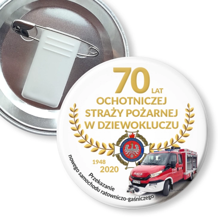 przypinka z żabką i agrafką 70 OSP w Dziewokluczu