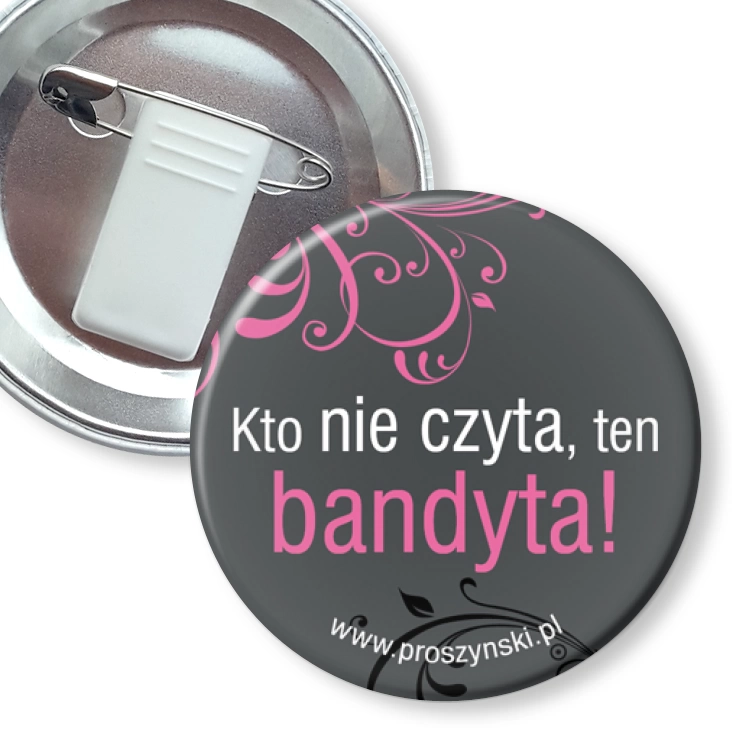 przypinka z żabką i agrafką Bandyta nie czyta