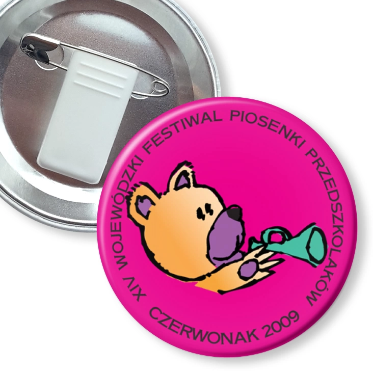 przypinka z żabką i agrafką Festiwal Piosenki Przedszkolaków