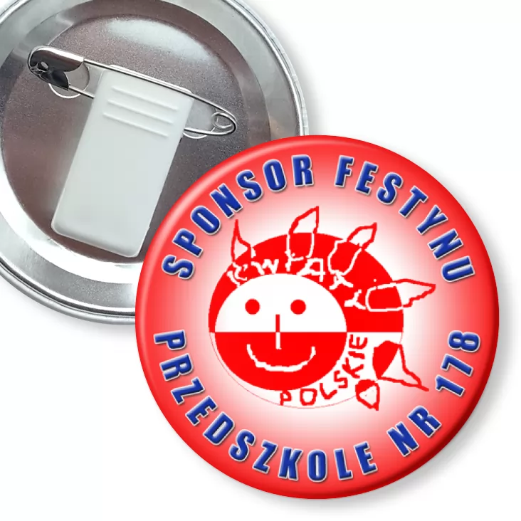 przypinka z żabką i agrafką Festyn Przedszkole nr 178 w Poznaniu