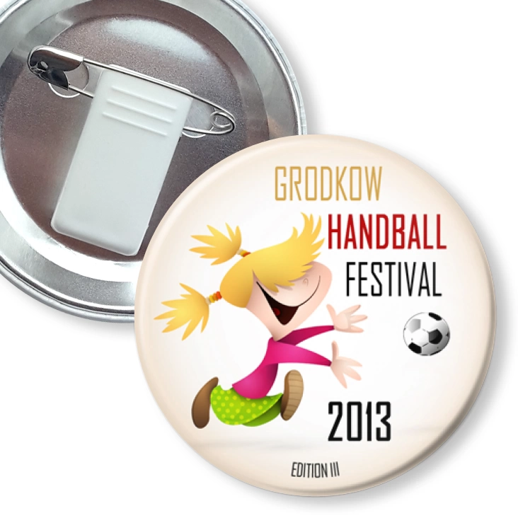 przypinka z żabką i agrafką Handball Festiwal 2013
