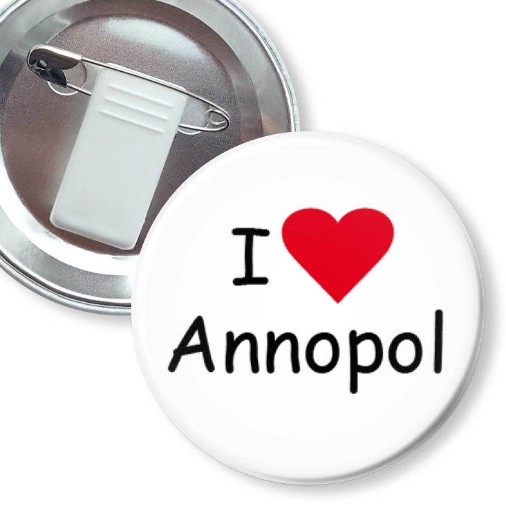 przypinka z żabką i agrafką I love Annopol