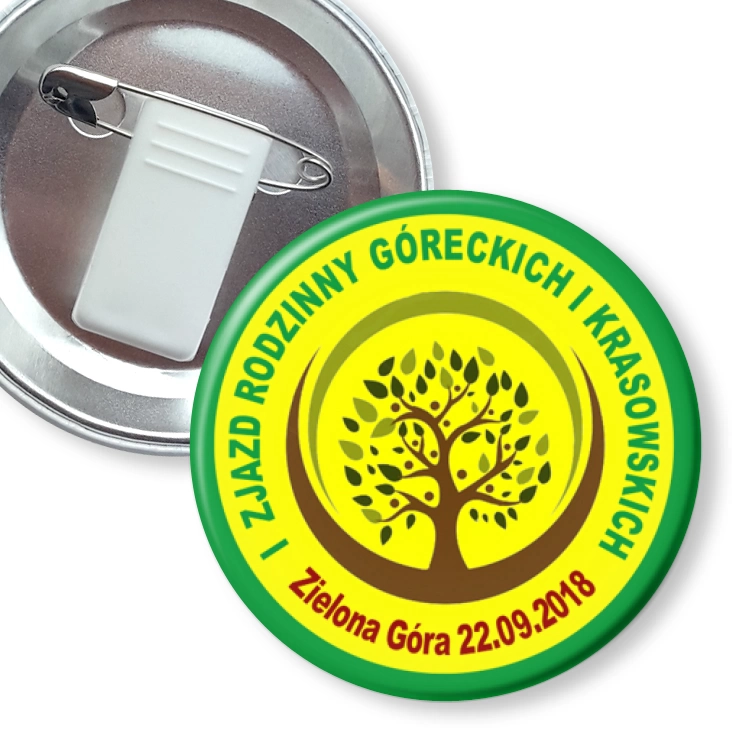 przypinka z żabką i agrafką I Zjazd Rodzinny Góreckich i Krasowskich