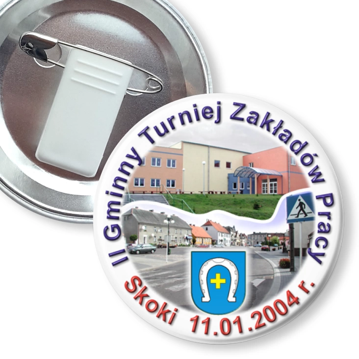 przypinka z żabką i agrafką II Gminny Turniej Zakładów Pracy