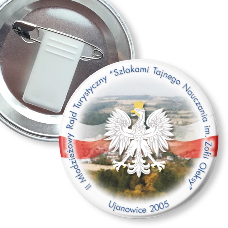 przypinka z żabką i agrafką II Młodzieżowy Rajd Turystyczny - Ujanowice 2005