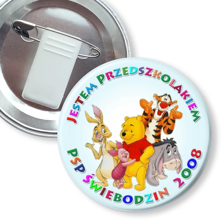 przypinka z żabką i agrafką Jestem Przedszkolakiem PSP Świebodzin 2008
