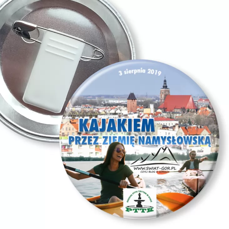 przypinka z żabką i agrafką Kajakiem przez ziemię namysłowską