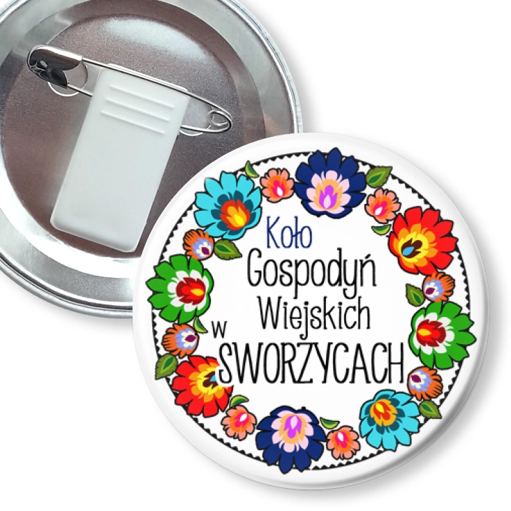przypinka z żabką i agrafką Koło Gospodyń Wiejskich w Sworzycach