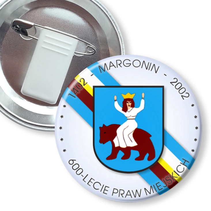 przypinka z żabką i agrafką Margonin - 600-lecie Praw Miejskich