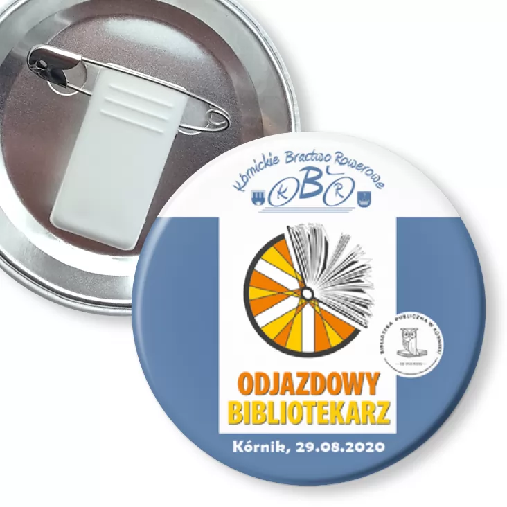 przypinka z żabką i agrafką Odlotowy Bibliotekarz
