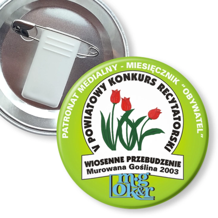 przypinka z żabką i agrafką Powiatowy Konkurs Recytatorski - Wiosenne Przebudzenie2003