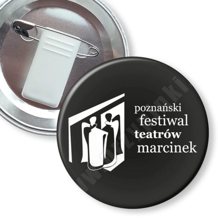 przypinka z żabką i agrafką Poznański Festiwal Teatrów Marcinek